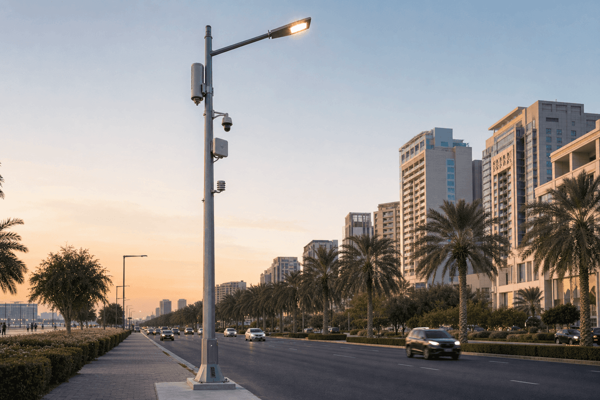 10m 5G Small Cell Integrated Smart Street Light Pole deployed in an international application environment