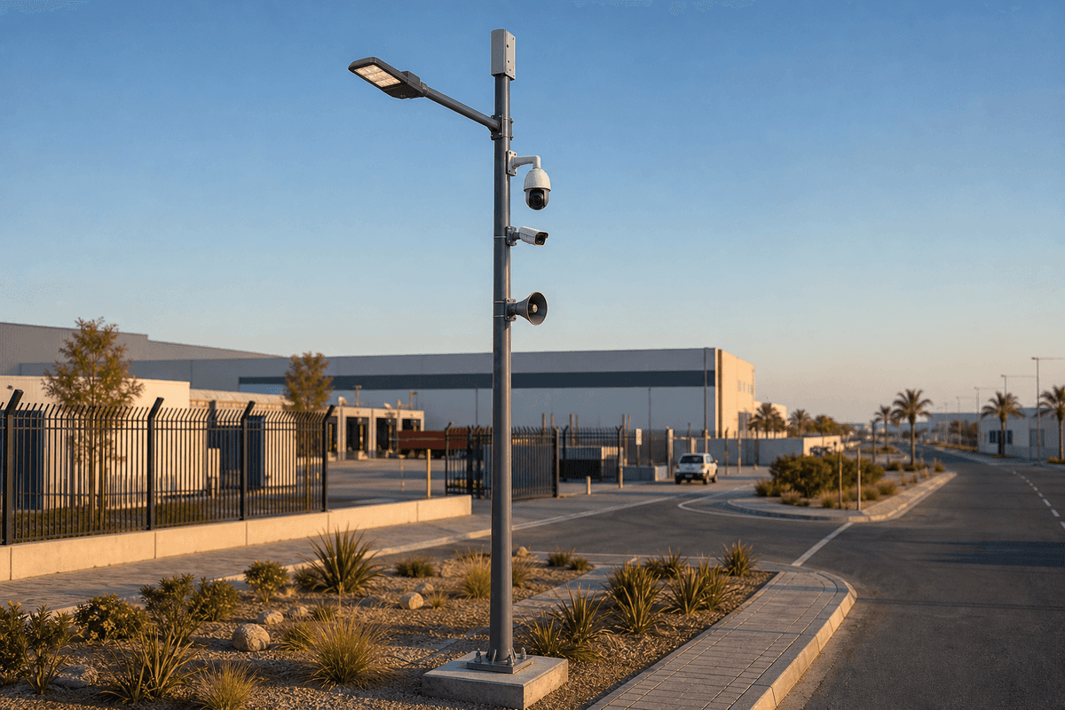 10m Industrial Park Security Focus - 5-in-1 AI Smart Pole deployed in an international application environment