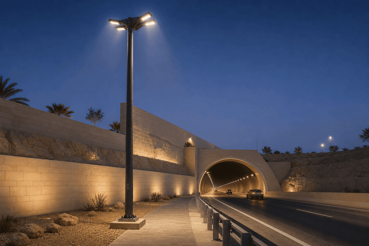 10m Tunnel Entrance Smart Pole - 200W LED 4-in-1 deployed in an international application environment