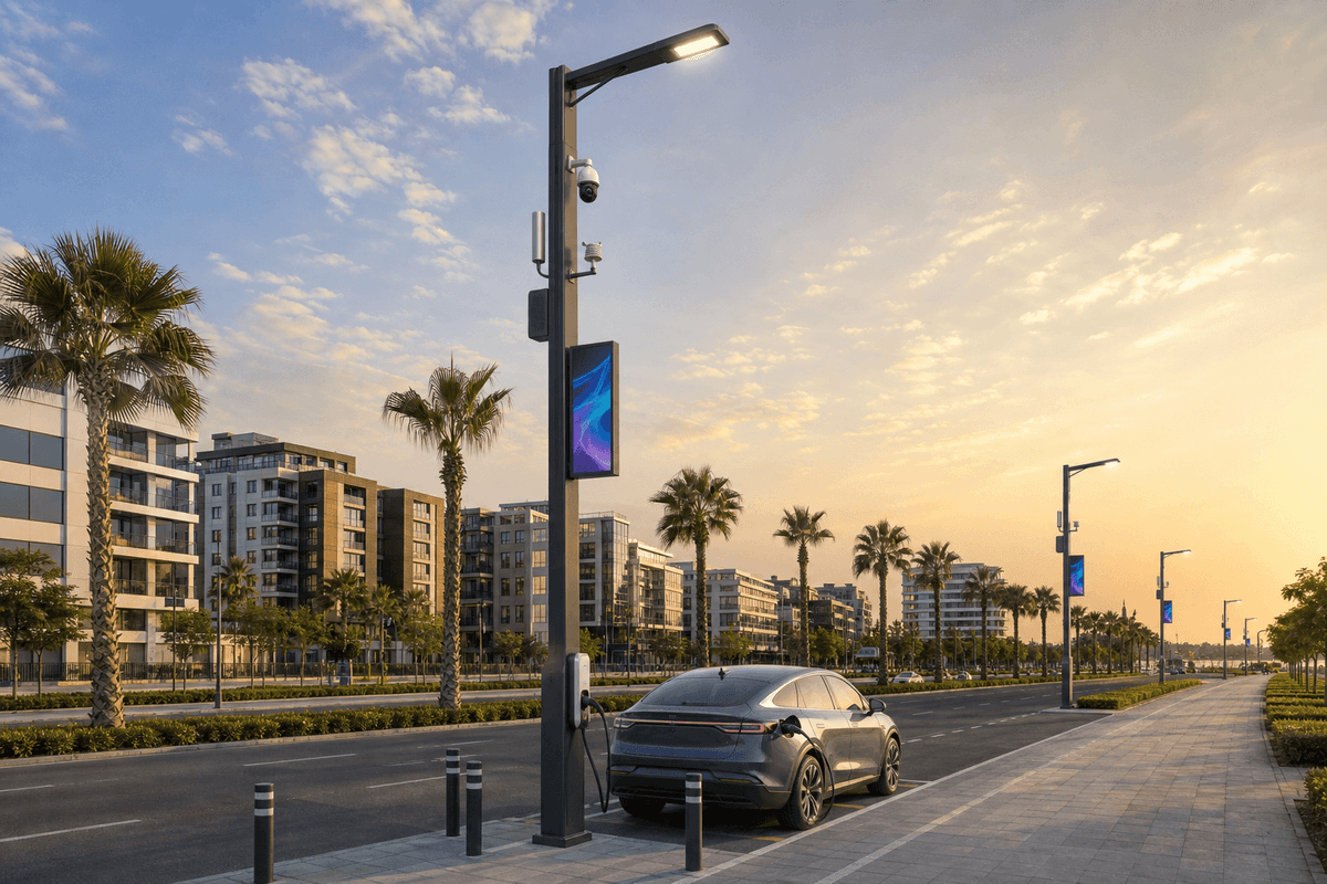 12m Urban Arterial 7-in-1 Premium Smart Streetlight — Integrated Smart Pole with 5G, AI Camera & EV Charging deployed in an international application environment