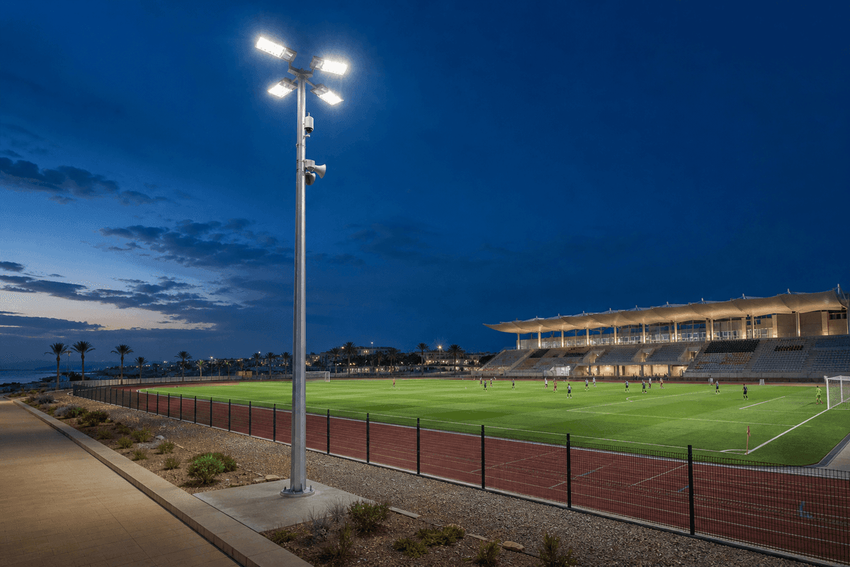 15m Sports Venue High-Mast - 4-in-1 Smart Pole with 500 Lux Professional Illumination deployed in an international application environment