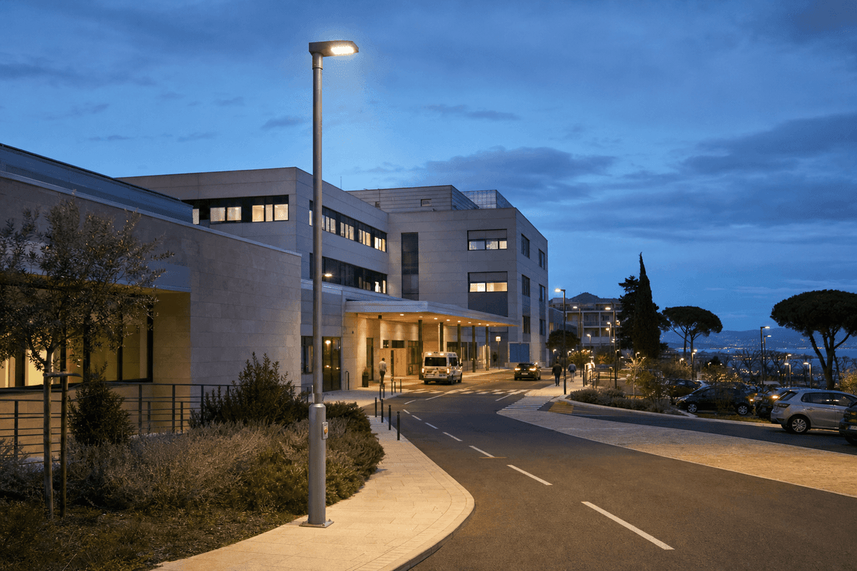 7m Hospital Campus Lighting+Emergency - 60W Adaptive Smart Pole deployed in an international application environment
