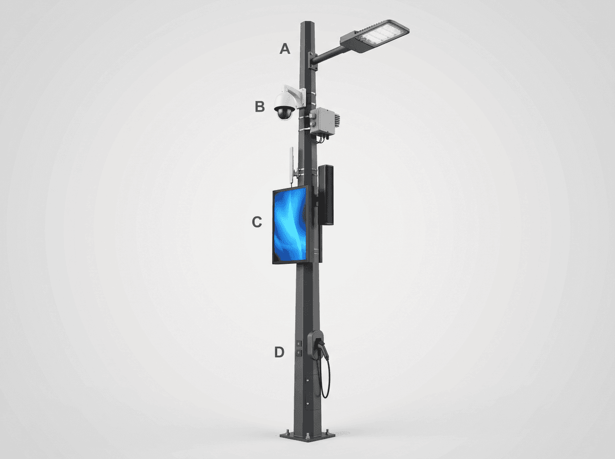 9m 商業ストリート 6-in-1（ディスプレイ付） 120W スマートポール deployed in an international application environment