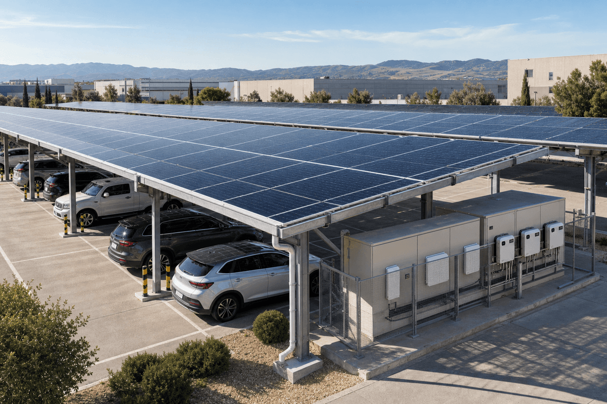 100kW Industrial HJT Fixed Carport - High-Efficiency Bifacial Solar Parking Solution deployed in an international application environment