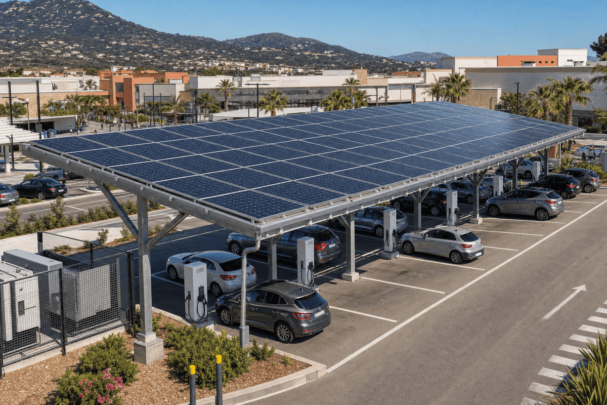 전기차 충전 기능을 갖춘 150kW 쇼핑몰 카포트 - 양면형 고정 경사 태양광