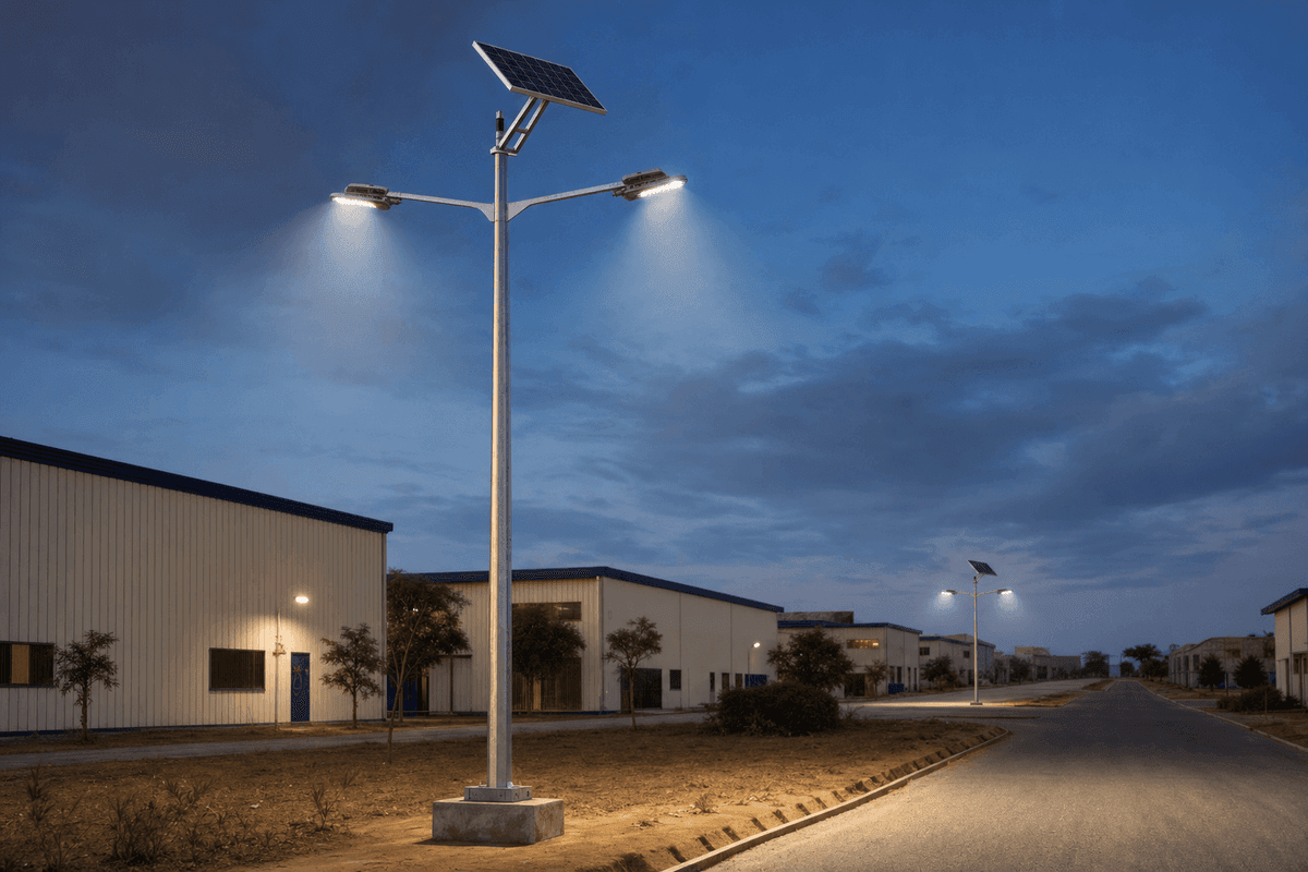120W Industrial Dual-Arm Split Solar Street Light - 10m Pole deployed in an international application environment