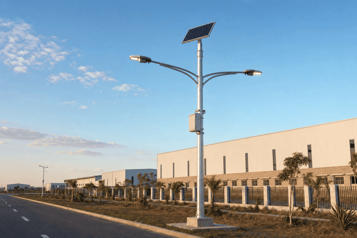 12m Industrial Split 150W Solar Street Light — Dual-Arm, 25,500 lm, 4-Day LFP Autonomy deployed in an international application environment