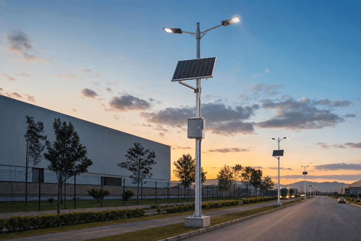 12m Industrial Split 150W - Dual-Arm High-Mast Solar Streetlight deployed in an international application environment