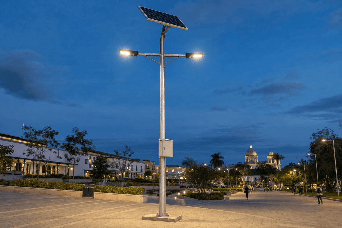 SOLARTODO 14m Plaza Split 200W Dual-Head Solar Street Light deployed in an international application environment
