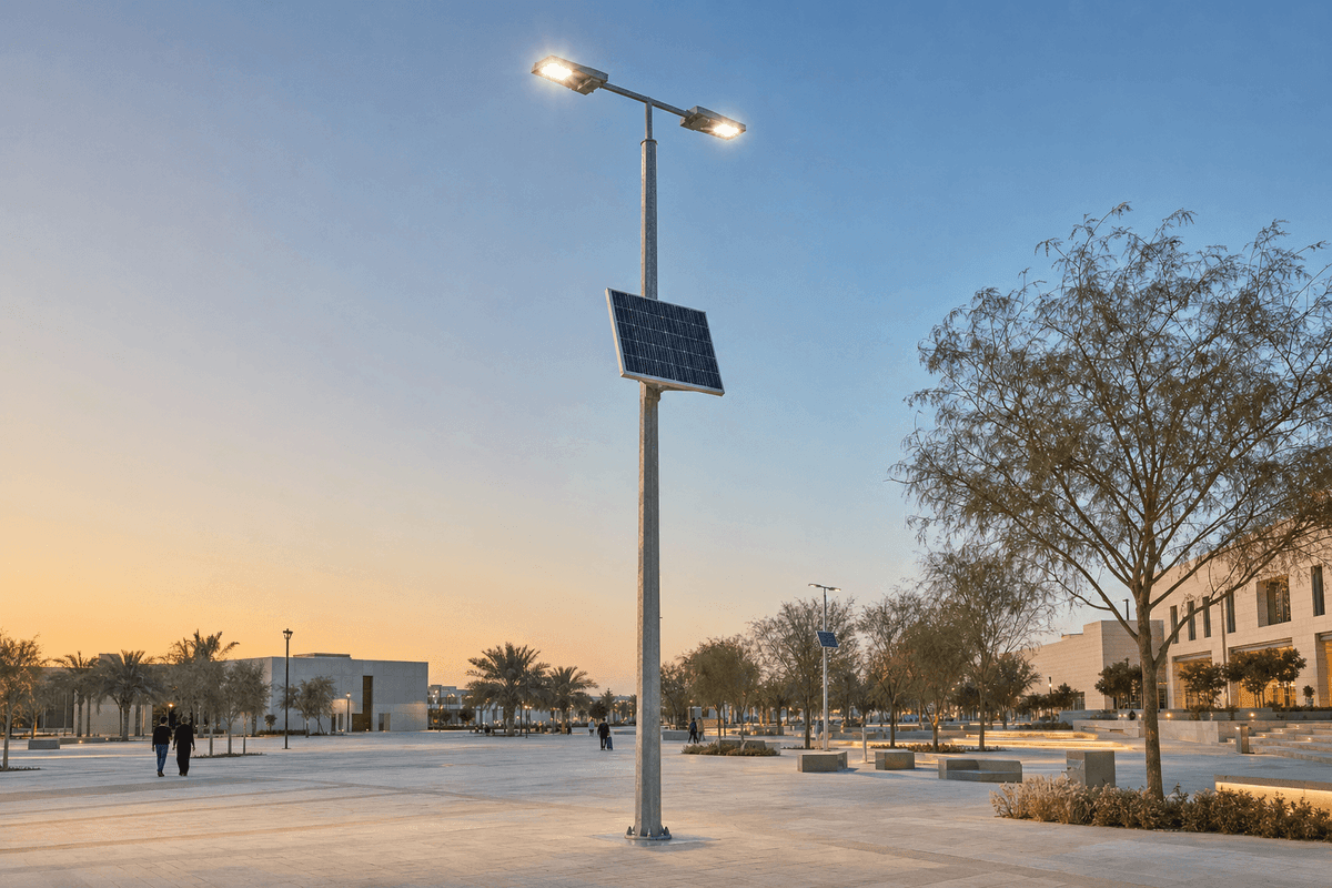 150W Plaza Dual-Head Split High-Mast - 12m Smart Solar Lighting deployed in an international application environment