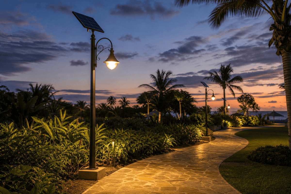 3.5m Tropical Resort Garden Light 20W - 5-Day Solar Autonomy deployed in an international application environment