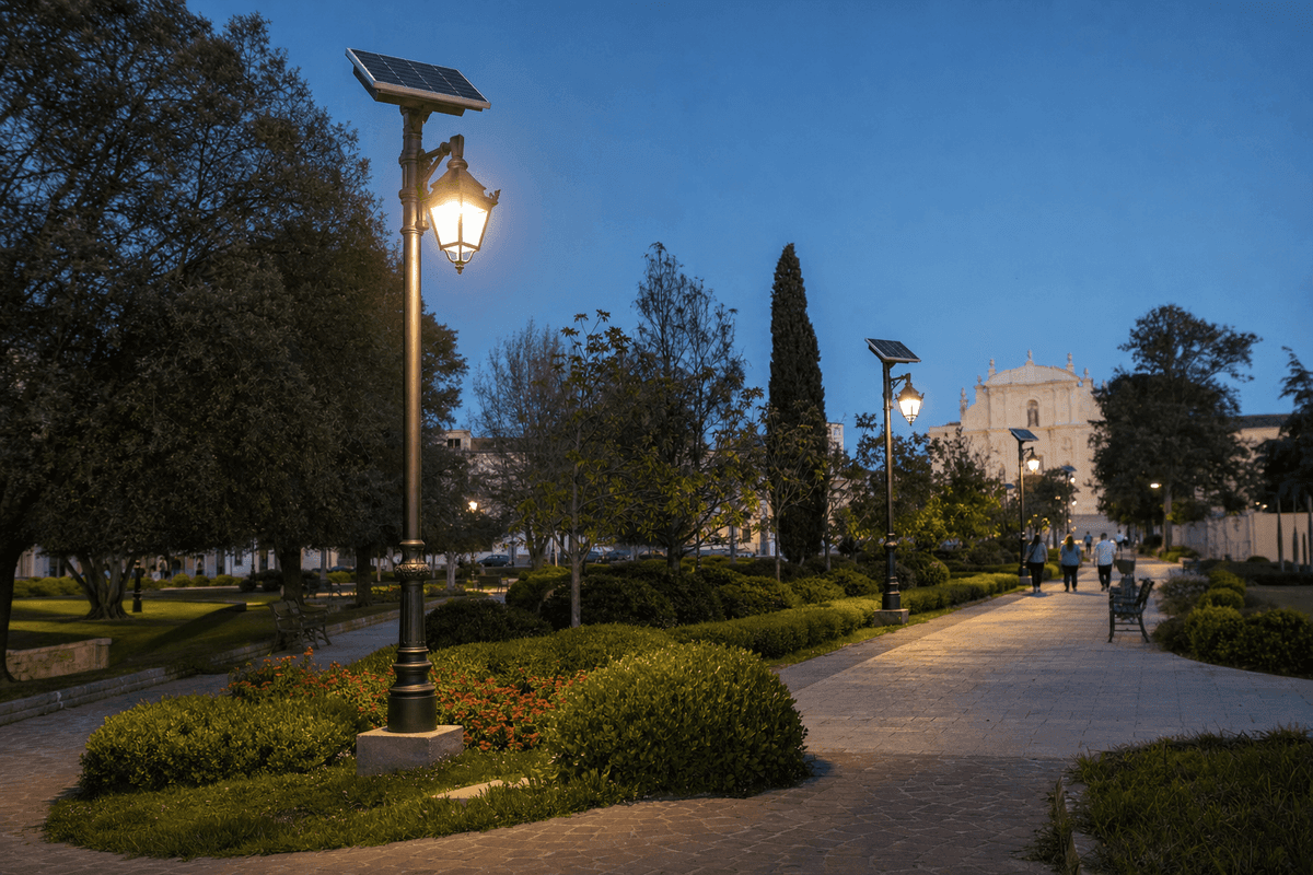 4m Clássico Europeu Solar Streetlight – 15W LED, 3 Dias de Autonomia