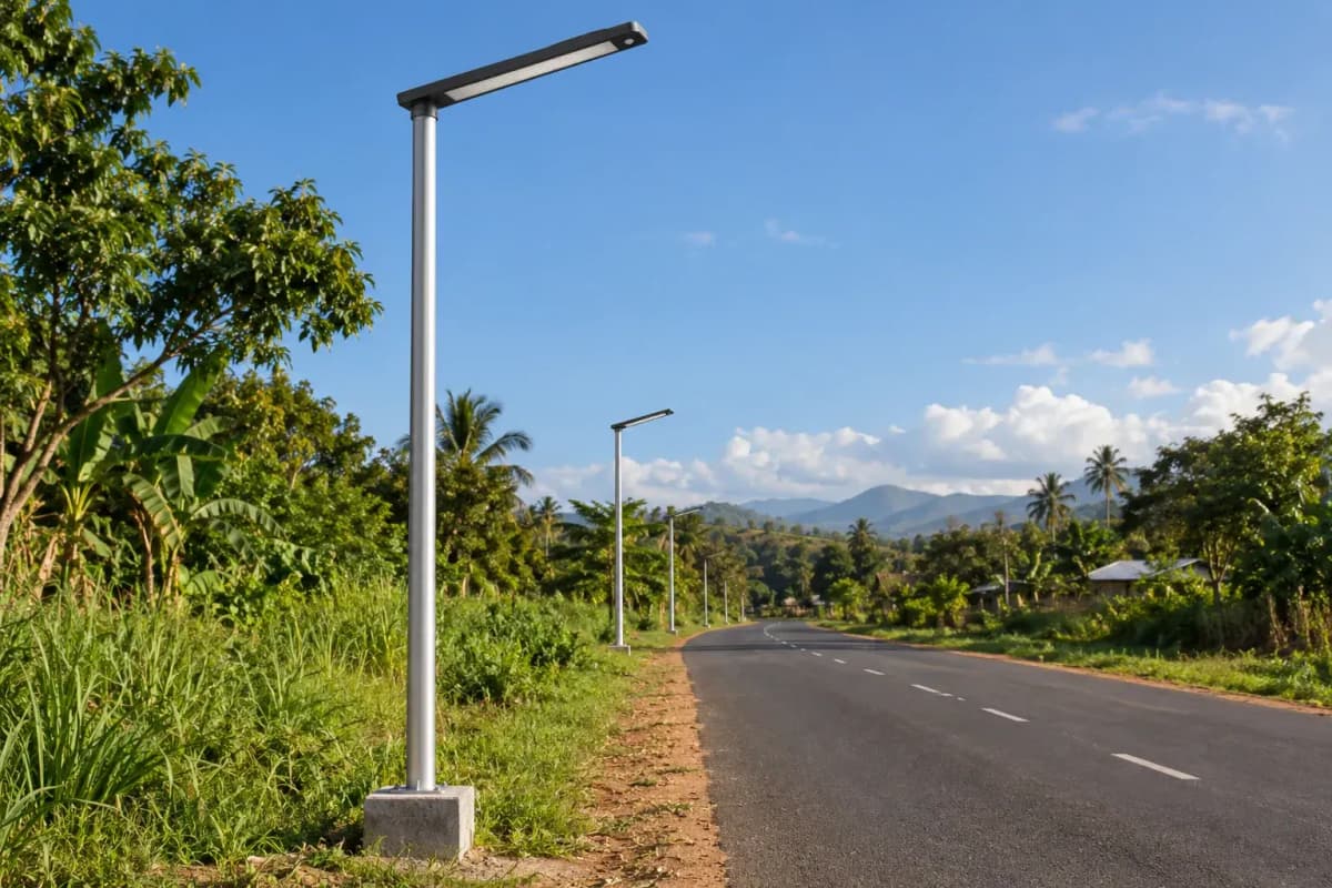5.8m All-in-One Solar Streetlight 48W - Tropical LFP Smart Lighting deployed in an international application environment