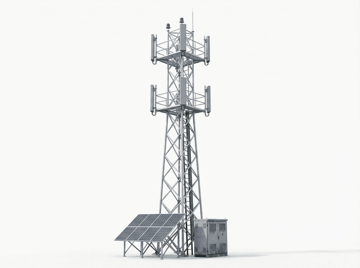 50m Solar-Powered Off-Grid Lattice Tower - 5kW Solar + 30kWh Battery, 9 Antennas, 50 m/s Wind Rated deployed in an international application environment
