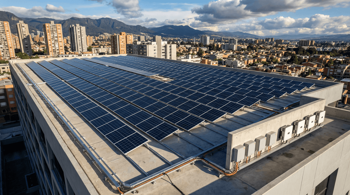ボゴタ太陽光発電（PV）システム事例：ストリングインバータを用いた234kWの商業用屋根上設置と、DC/AC比1.15