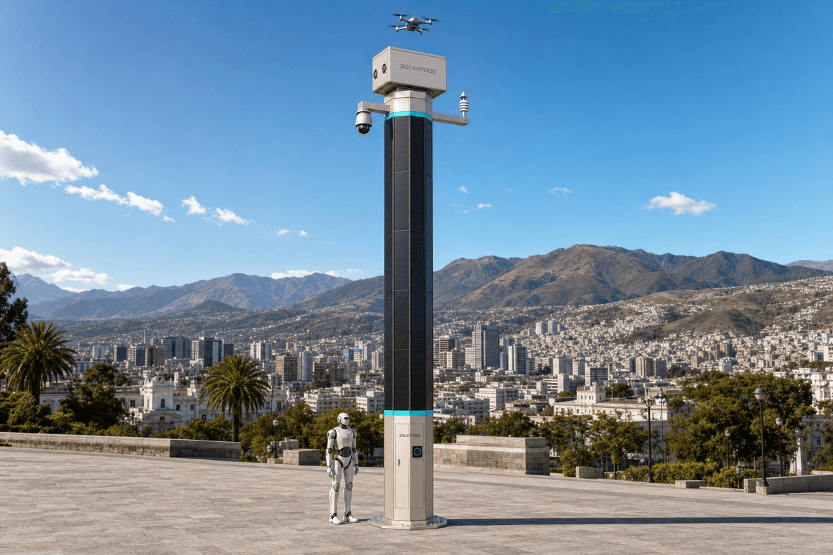 ممرات الأمن على الارتفاعات العالية في Quito: تهيئة 22 عقدة طرفية من SOLARTODO Sentinel City AI Pole
