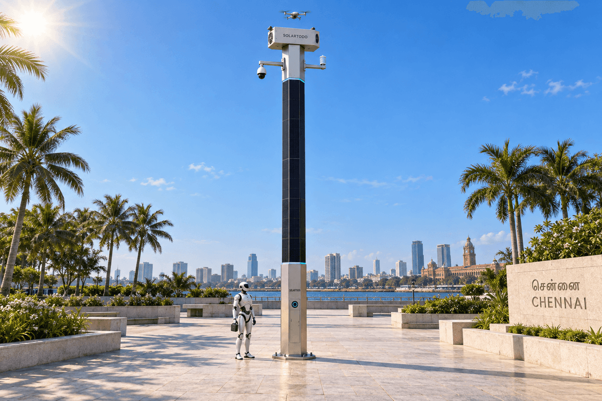 Risque d'inondation côtière et d'air salin à Chennai : configuration du mât IA urbain SOLARTODO Sentinel pour 103 nœuds edge hors réseau
