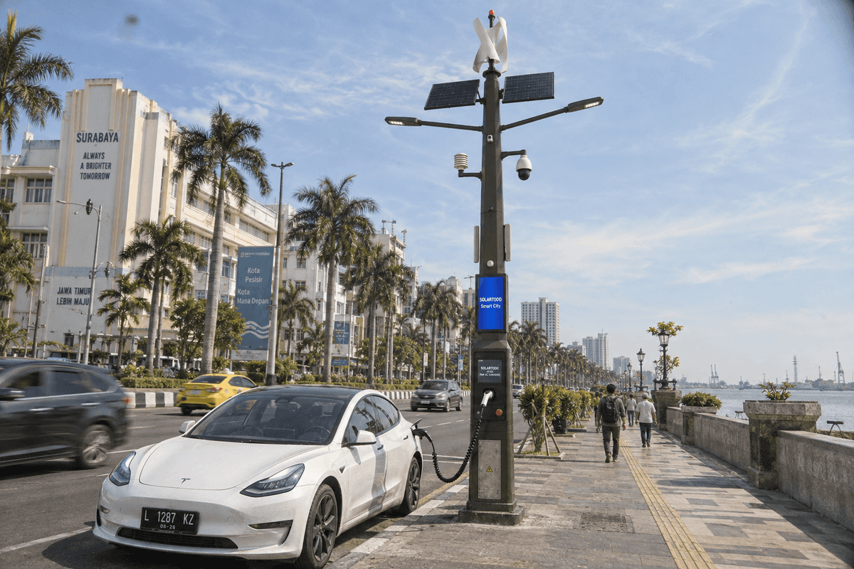 수라바야 해안 홍수·염분 환경에 적합한 Smart Streetlight: 137기 하이브리드 폴 구성