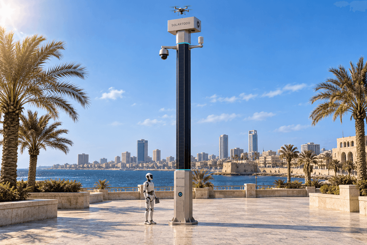 Tripoli coastal edge-node decision: SOLARTODO Sentinel City AI Pole configuration for off-grid patrol corridors
