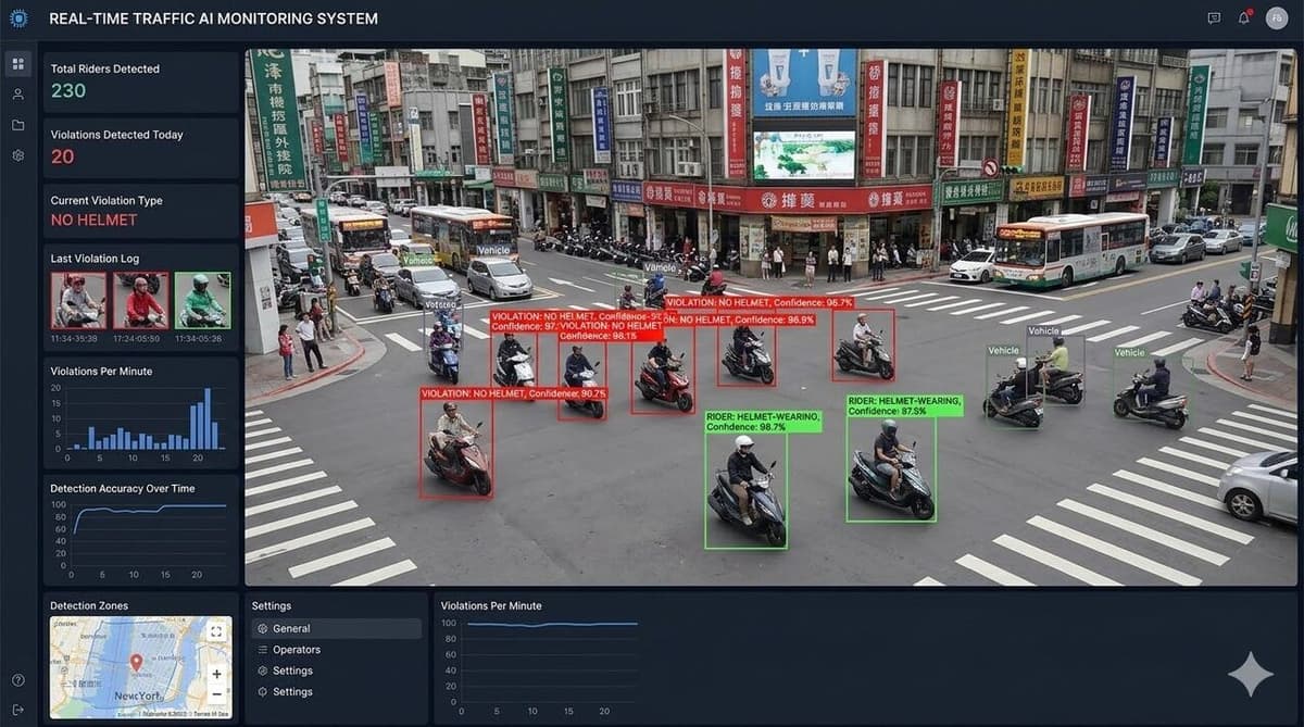 Real-time AI traffic monitoring system detecting helmet violations on motorcycles