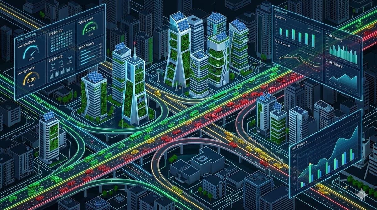 Smart city brain dashboard with vehicle counting, grid efficiency and predictive analytics