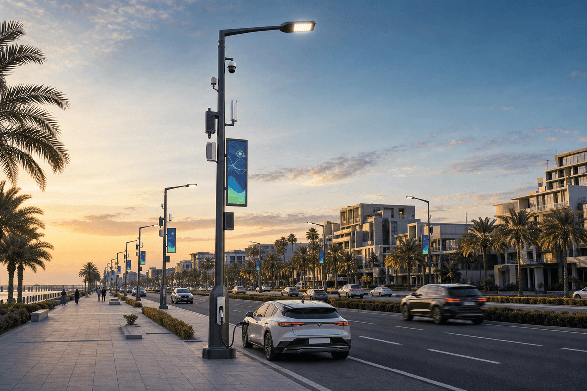 12m Urban Arterial 7-in-1 Premium Smart Streetlight - Integrated Multi-Function Pole System deployed in an international application environment