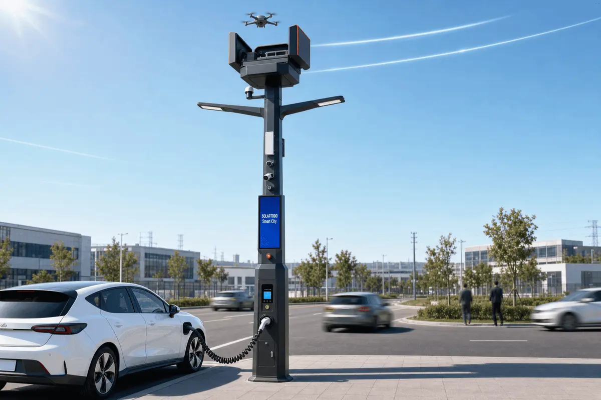 Mât intelligent de 12 m avec station d'accueil pour drones (Sky Hub) - Conception axée sur l'éclairage intelligent deployed in an international application environment