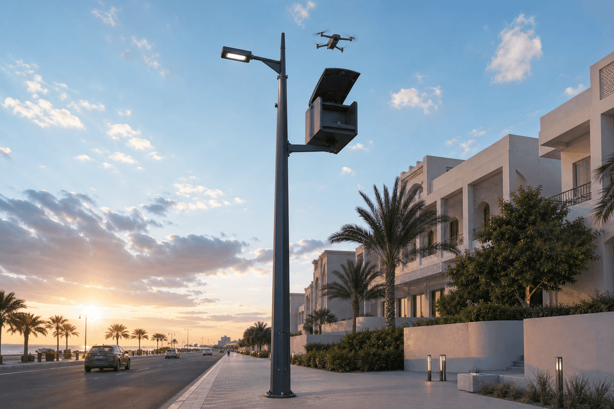 12m Smart Pole with Drone Dock (Sky Hub) - Smart Streetlamp First Design deployed in an international application environment