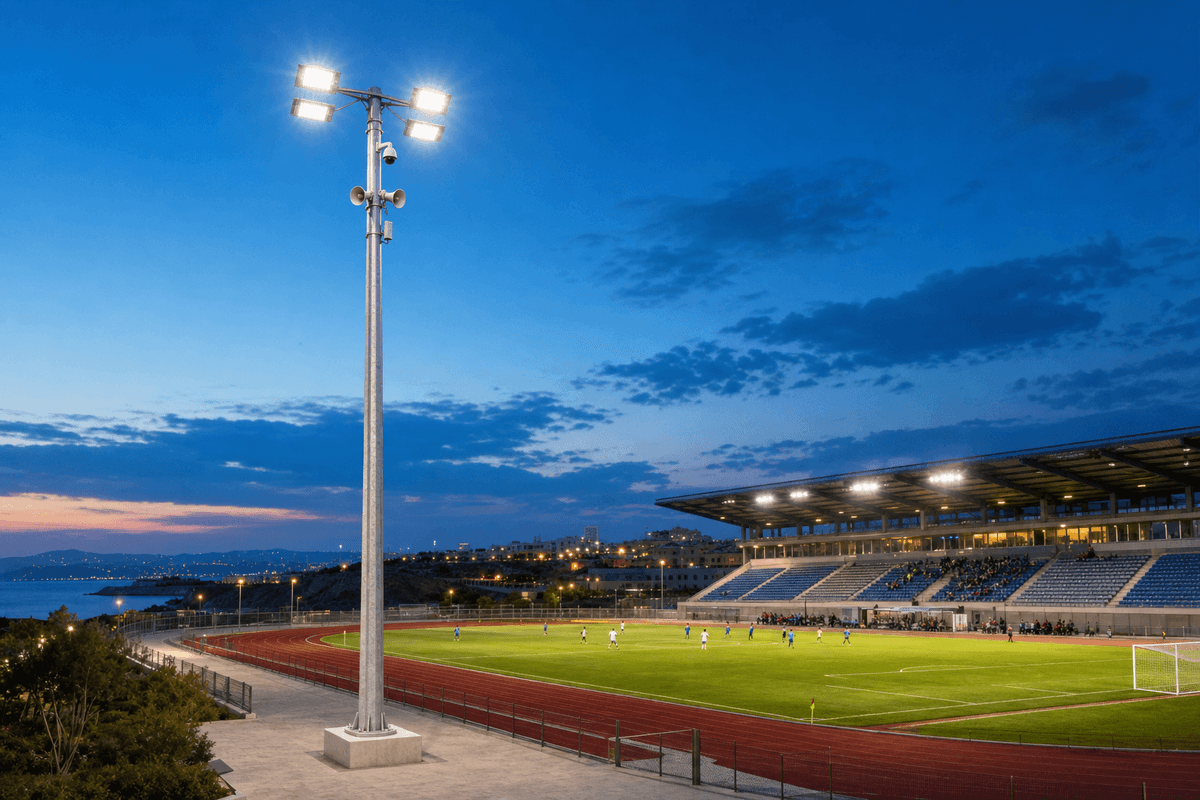 15m Sports Venue High-Mast Smart Pole — 4-in-1 LED + Camera + PA + WiFi deployed in an international application environment