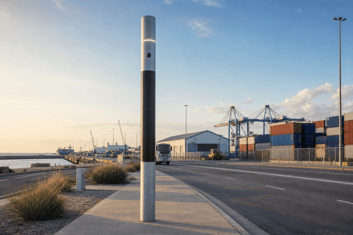 6m Ø200 Cylindrical CIGS Smart Pole · Industrial Port - 10-in-1 Flush-Integrated Infrastructure deployed in an international application environment