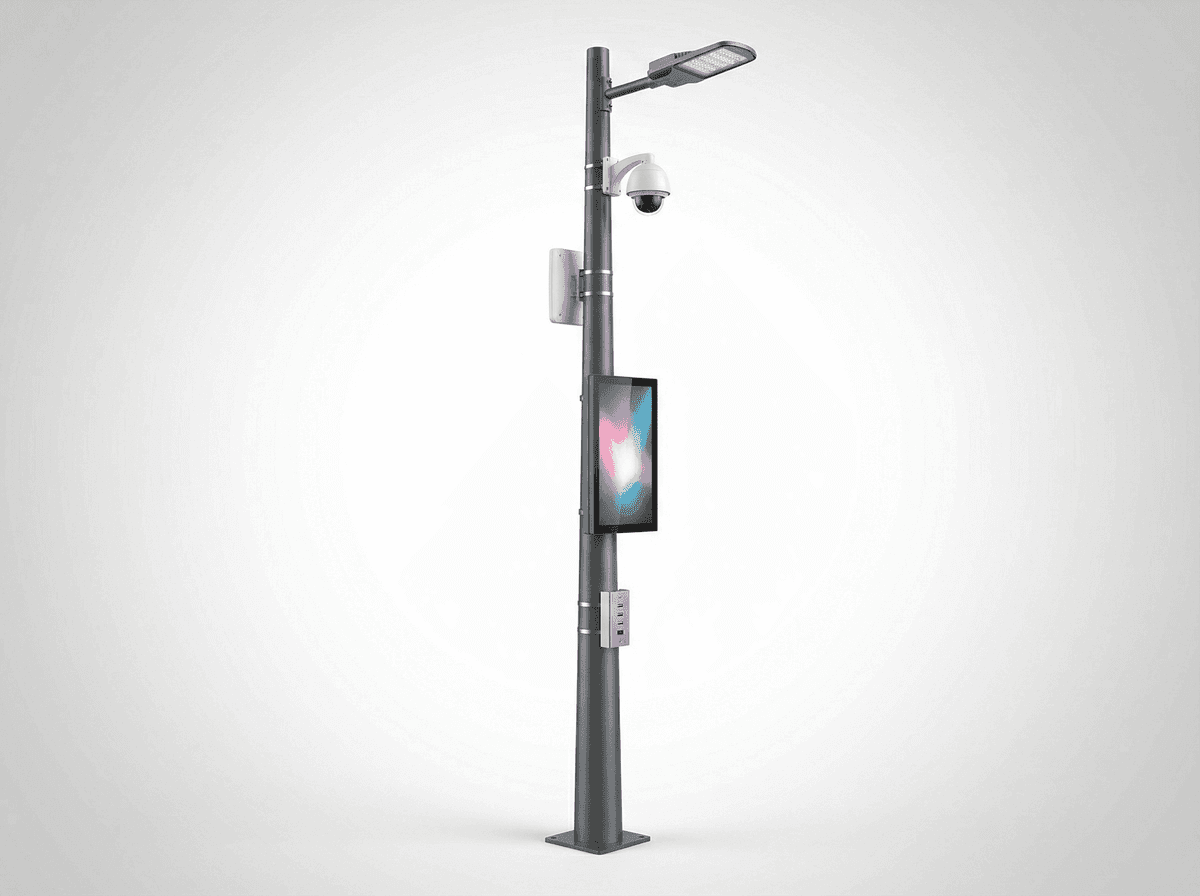 Mástil inteligente para parada de autobús de 8m con pantalla de información - Nodo urbano 5 en 1 deployed in an international application environment