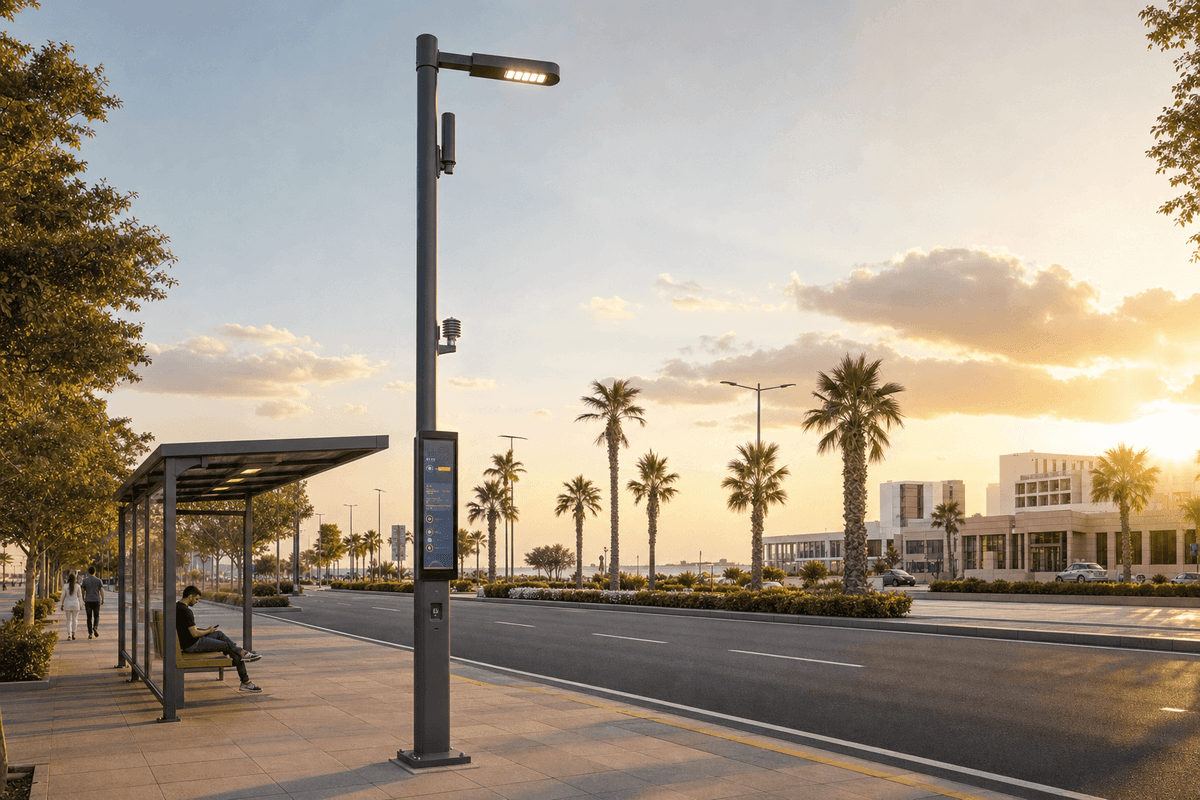 8m Bus Stop Smart Pole with Info Display - 5-in-1 Urban Node deployed in an international application environment
