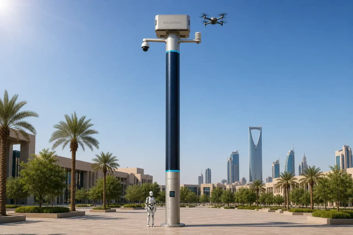 12m Smart Pole with Drone Dock (Sky Hub) - Off-Grid Campus & Park Edge Node deployed in an international application environment