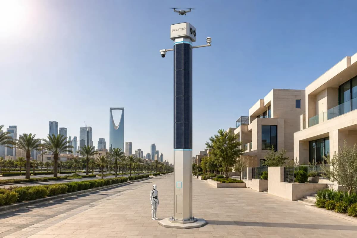 12m Smart Pole with Drone Dock (Sky Hub) - Off-Grid Edge Node deployed in an international application environment