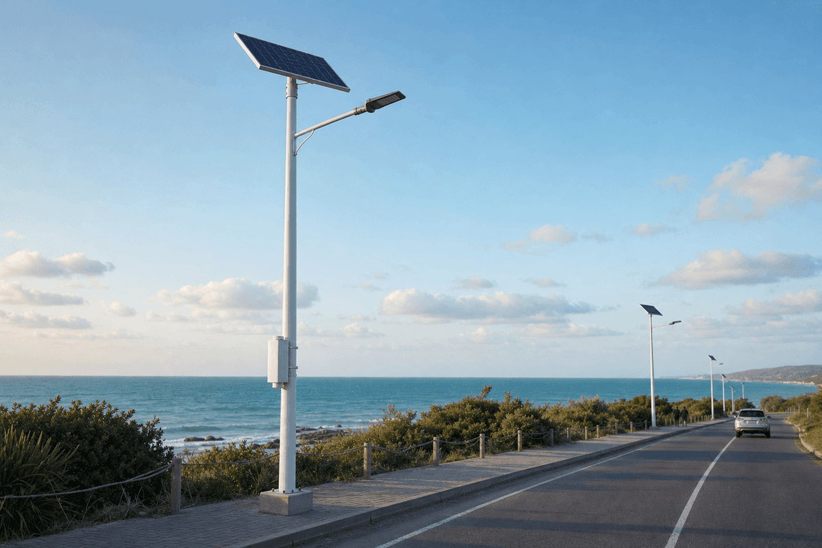 10m Coastal FRP Pole 80W Anti-Corrosion Solar Streetlight - Marine Grade deployed in an international application environment