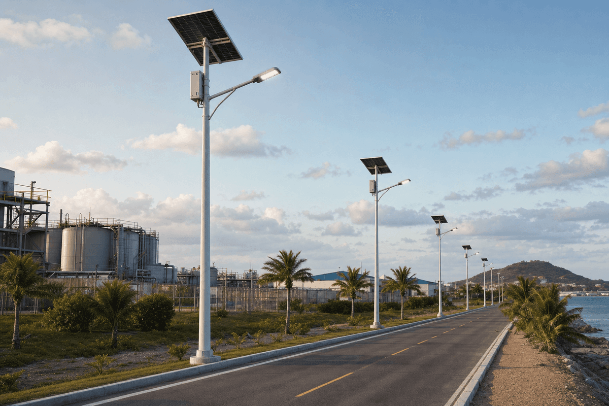 10m Coastal FRP Pole 80W Anti-Corrosion Solar Streetlight - Marine-Grade Split System deployed in an international application environment