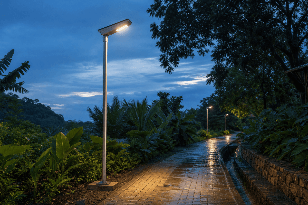 4m Pathway All-in-One 20W Tropical Solar Streetlight - Monsoon-Resilient Lighting deployed in an international application environment