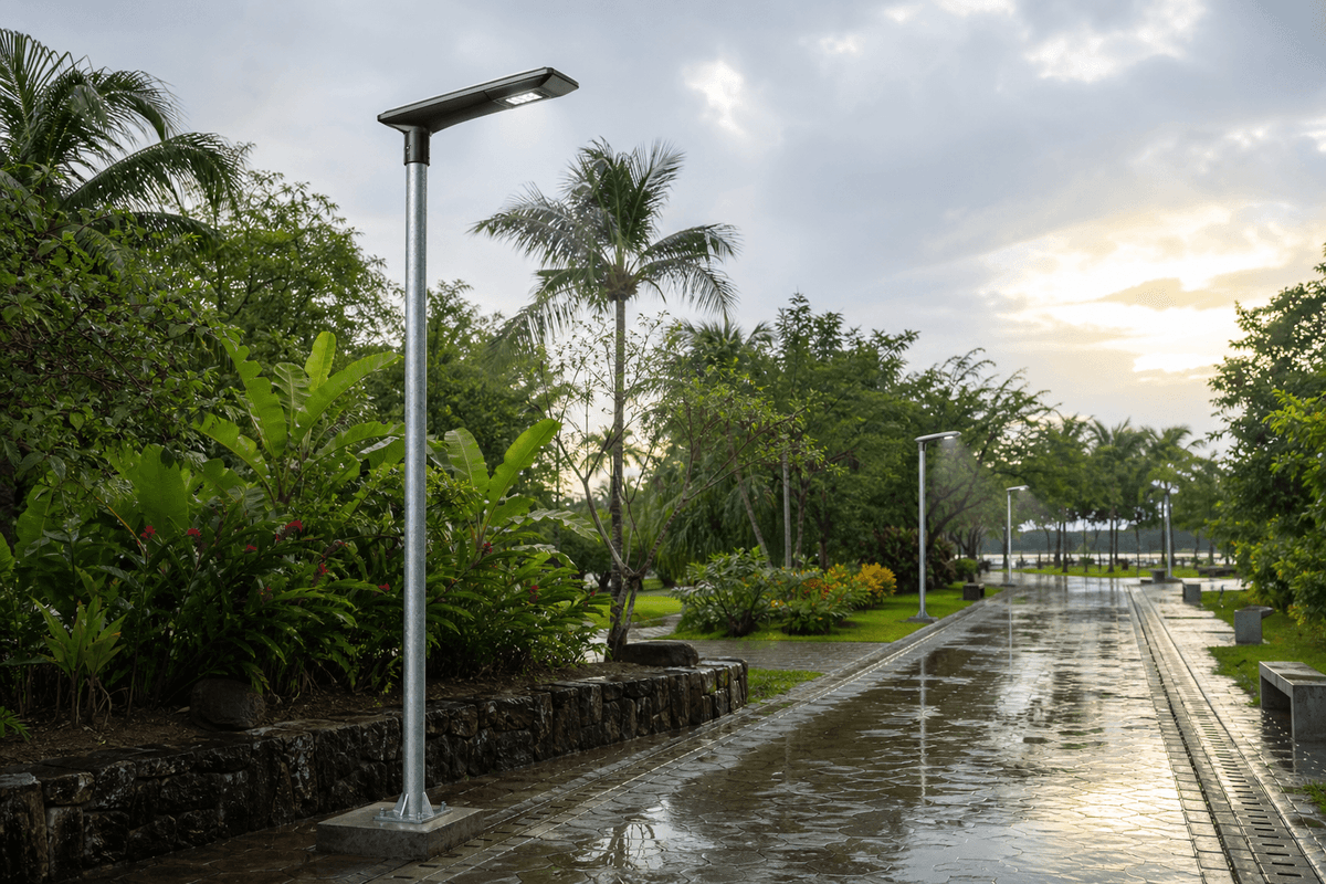 4m Pathway All-in-One 20W Tropical Solar Streetlight - IP67 Monsoon-Ready deployed in an international application environment