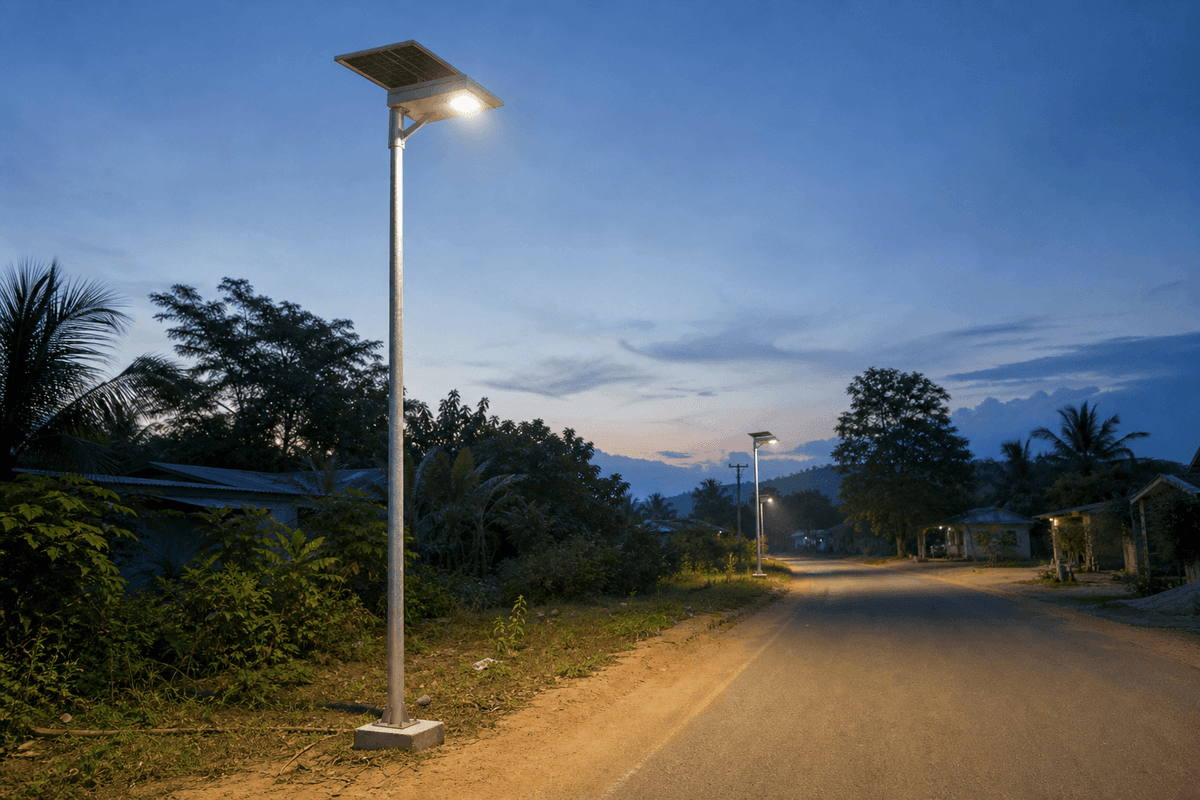5m Rural Economy 30W Solar Streetlight - All-in-One Design deployed in an international application environment