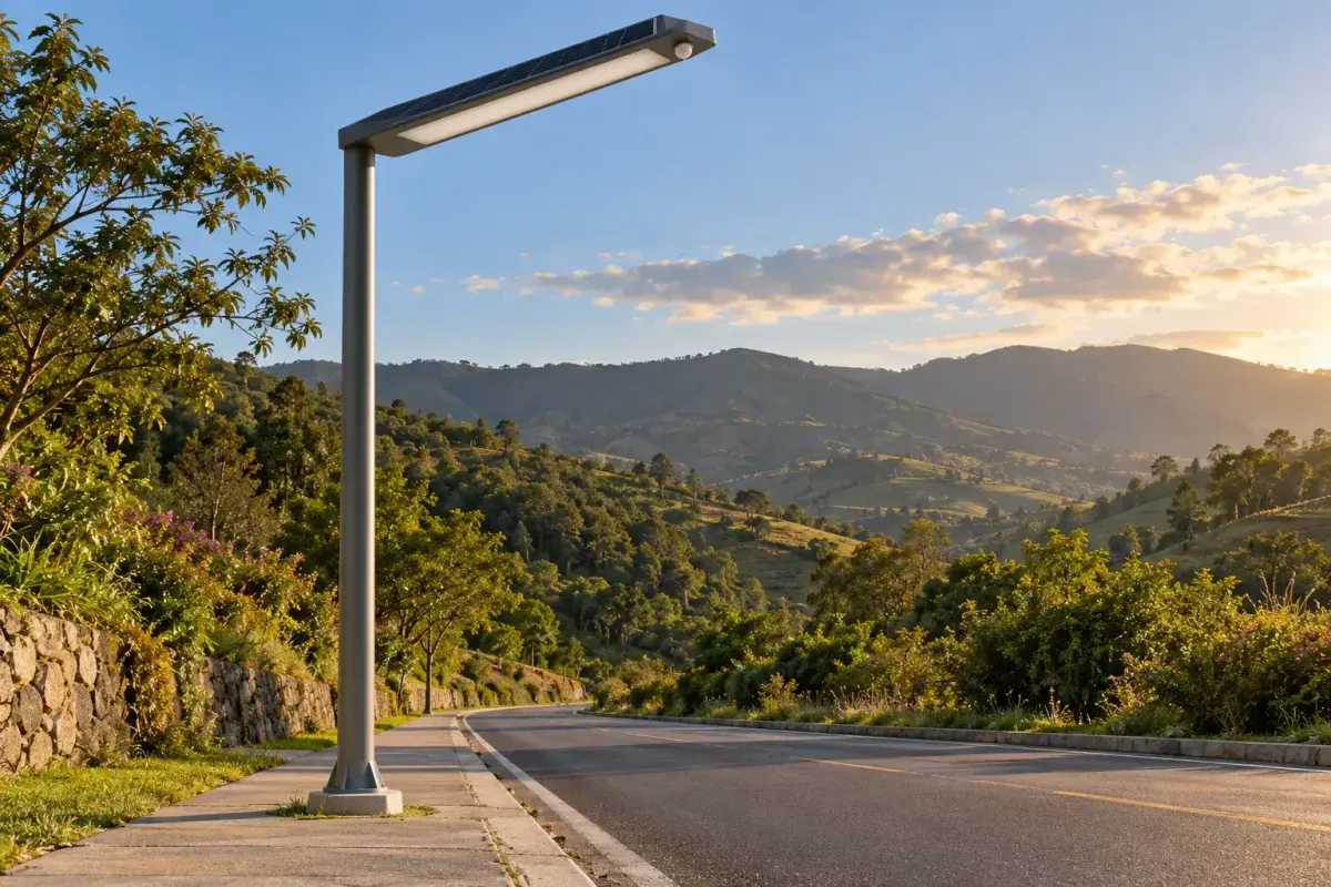 5.8m All-in-One Solar Streetlight 46W - Integrated LFP Solar Lighting deployed in an international application environment
