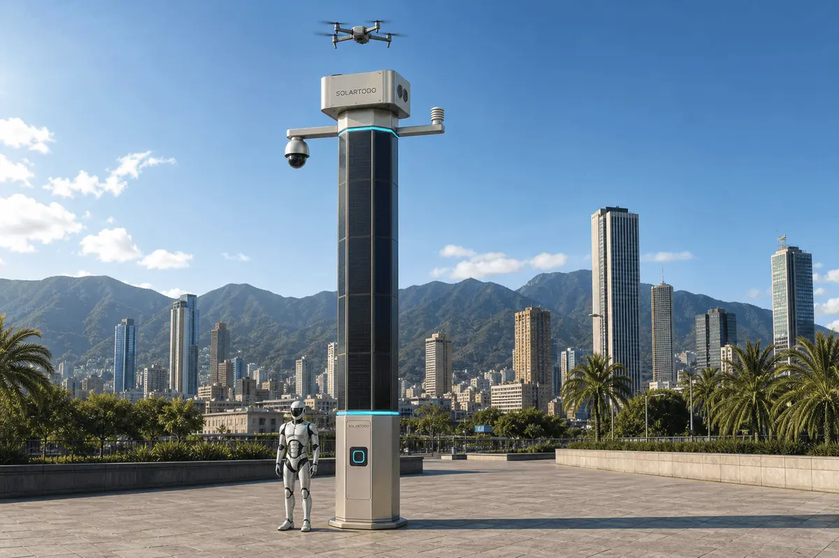 تحليل سوق أعمدة SOLARTODO Sentinel City AI Pole في بوغوتا: دليل تكوين 56 عقدة طرفية خارج الشبكة