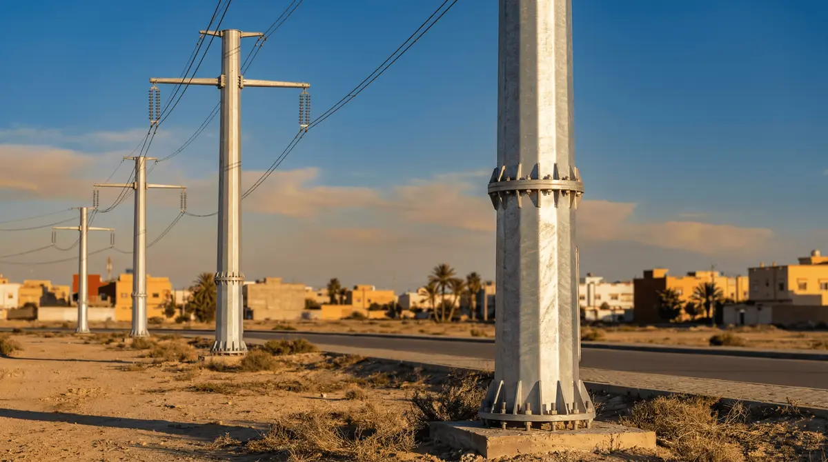 Déploiement d’une tour de transport d’énergie à double circuit 110 kV de 120 unités à Casablanca, Maroc (monopoles en acier tubulaire de 25 m)