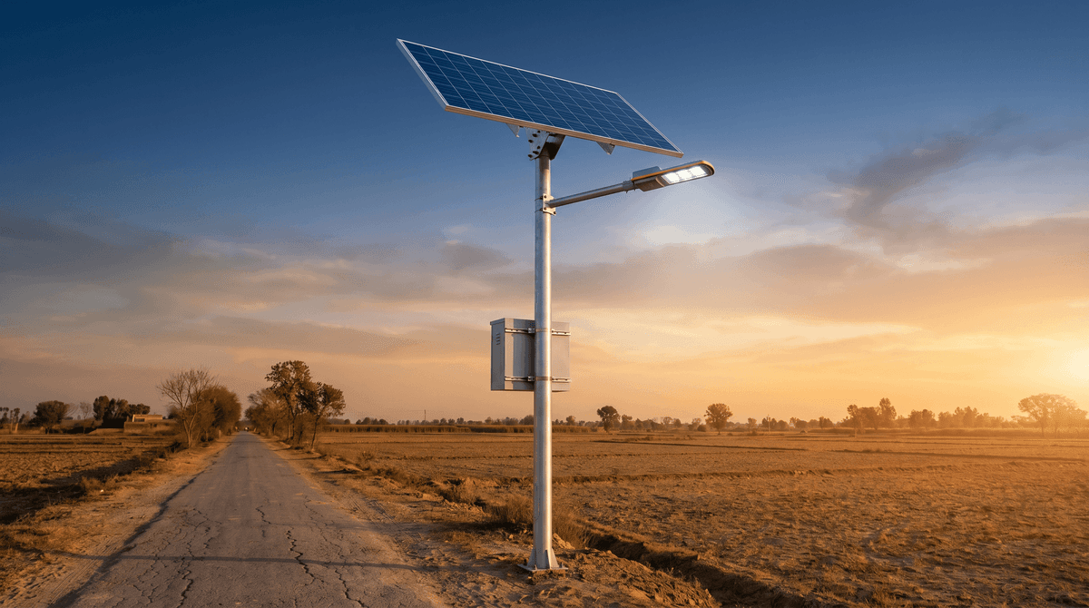 Implantação de 199 unidades de poste de iluminação solar de rua (tipo split) em Lahore, Paquistão, com postes de 5m, painéis de 500W montados na parte superior e monitoramento 4G/LoRa