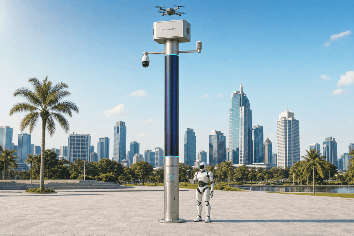 Decisión de seguridad en el borde de la llanura aluvial de Jakarta: configuración de 73 unidades SOLARTODO Sentinel City AI Pole