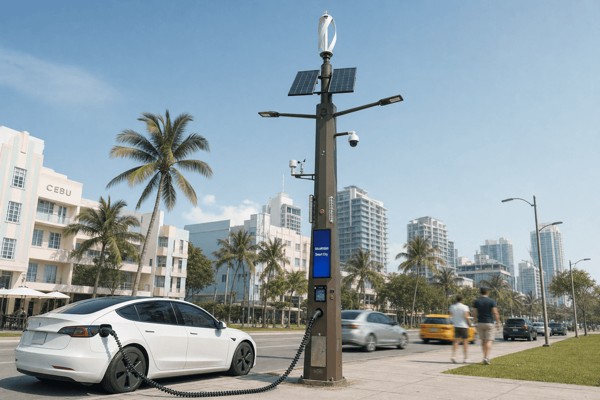 Air salin côtier de Cebu City et trame viaire de 30m : configuration d’éclairage public intelligent pour poteaux hybrides multifonctions
