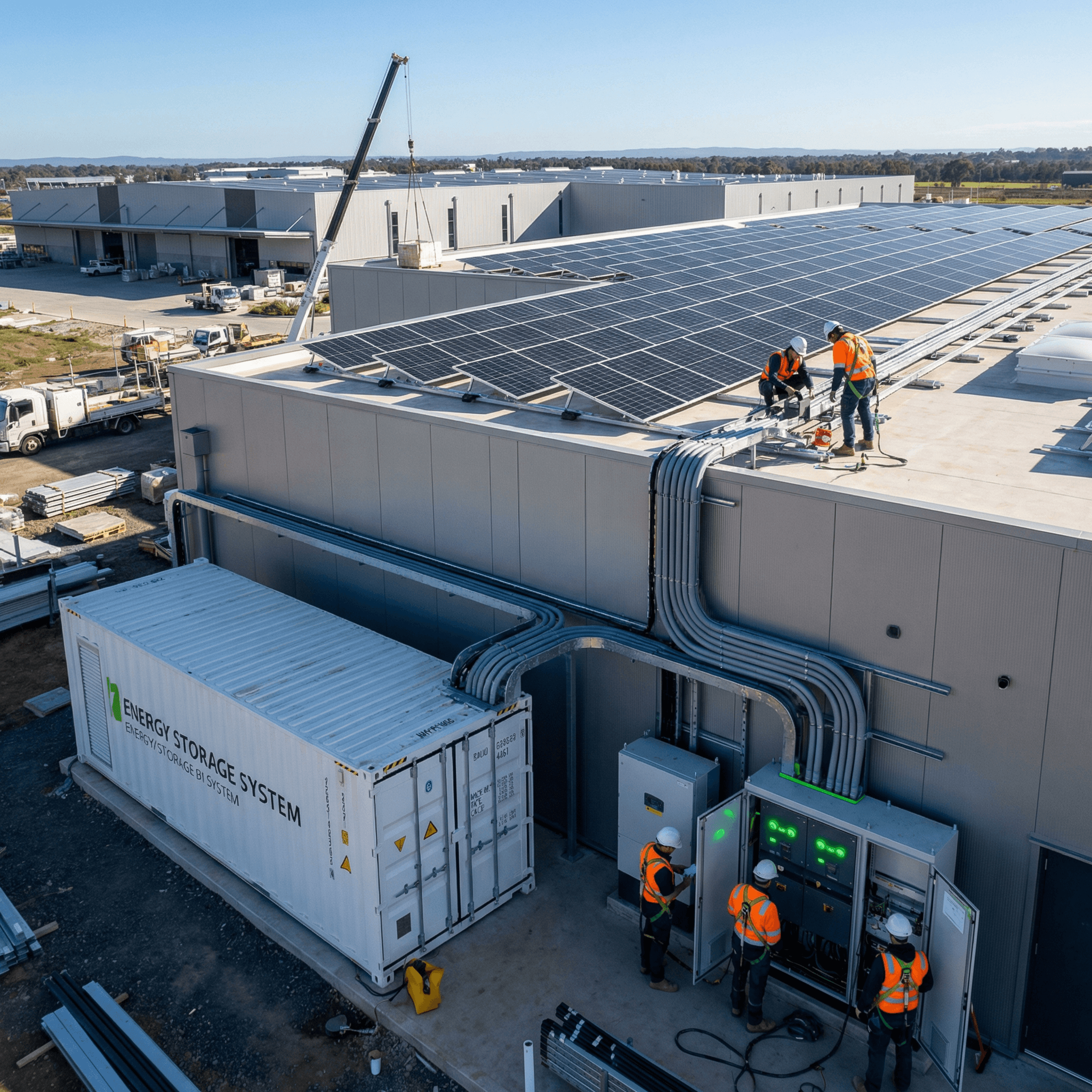 Commercial rooftop solar installation with integrated battery energy storage